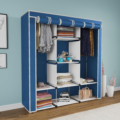 Maison & Cuisine Collapsible Wardrobe Closet for Clothes Almira, 2 Hanging Space, 8 Shelves Non-Woven Fabric 90 GSM (88230) (Blue)