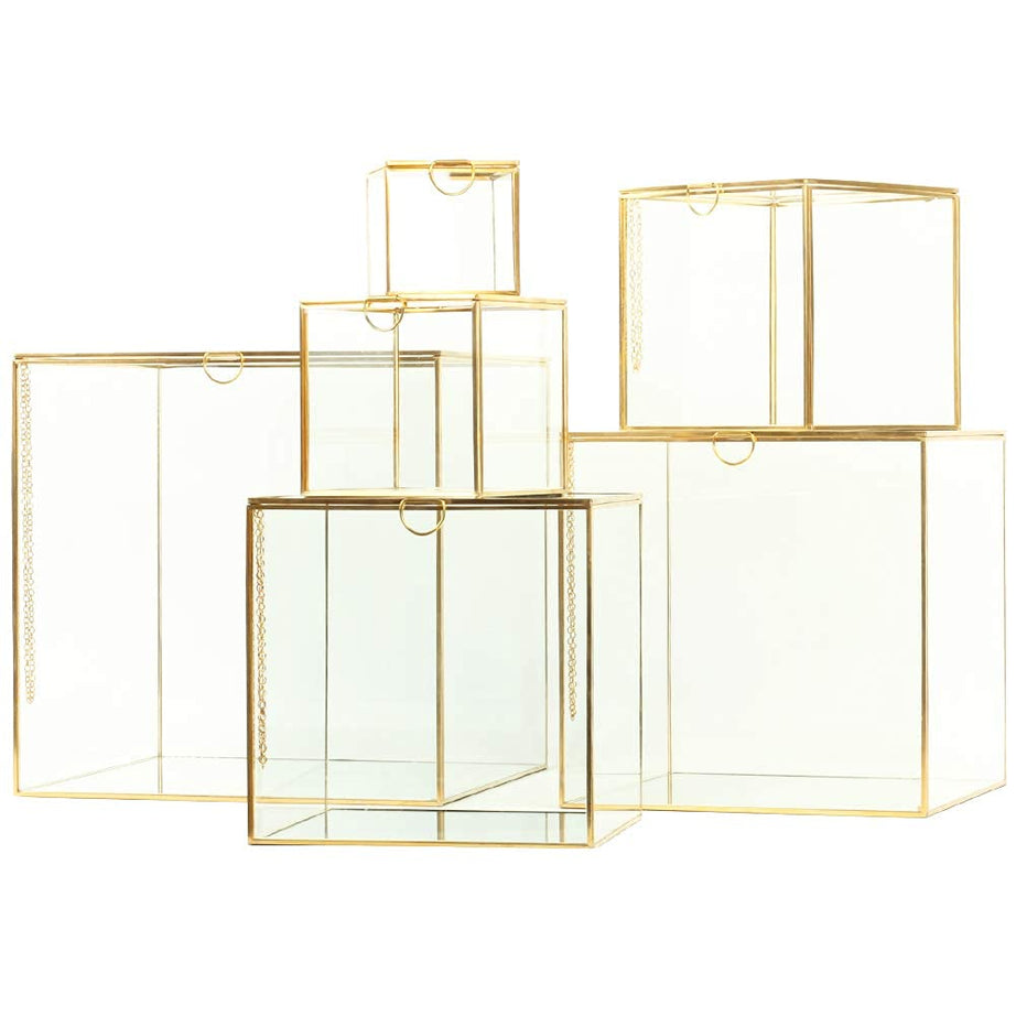 Art India Collections Home Decor Glass Brass Storage Box Decoration, Golden Decorative Glass Brass Box 5x5"