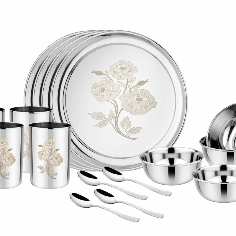 KC Stainless Steel Heavy Gauge Steel Dinner Set | Kitchen Set for Home | Lazer Design Dinner Set | Shagun Set | Bartan Set (Laser Dinner set 16 Pcs)