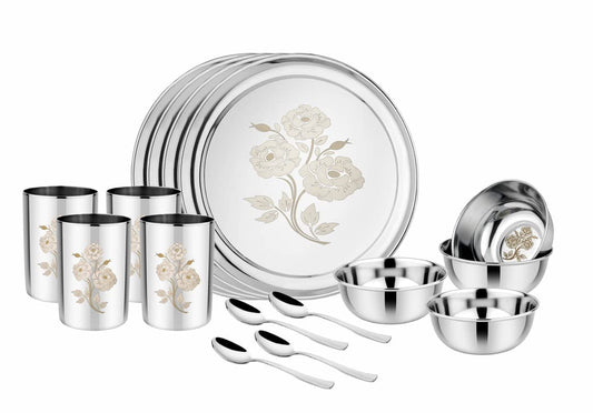 KC Stainless Steel Heavy Gauge Steel Dinner Set | Kitchen Set for Home | Lazer Design Dinner Set | Shagun Set | Bartan Set (Laser Dinner set 16 Pcs)