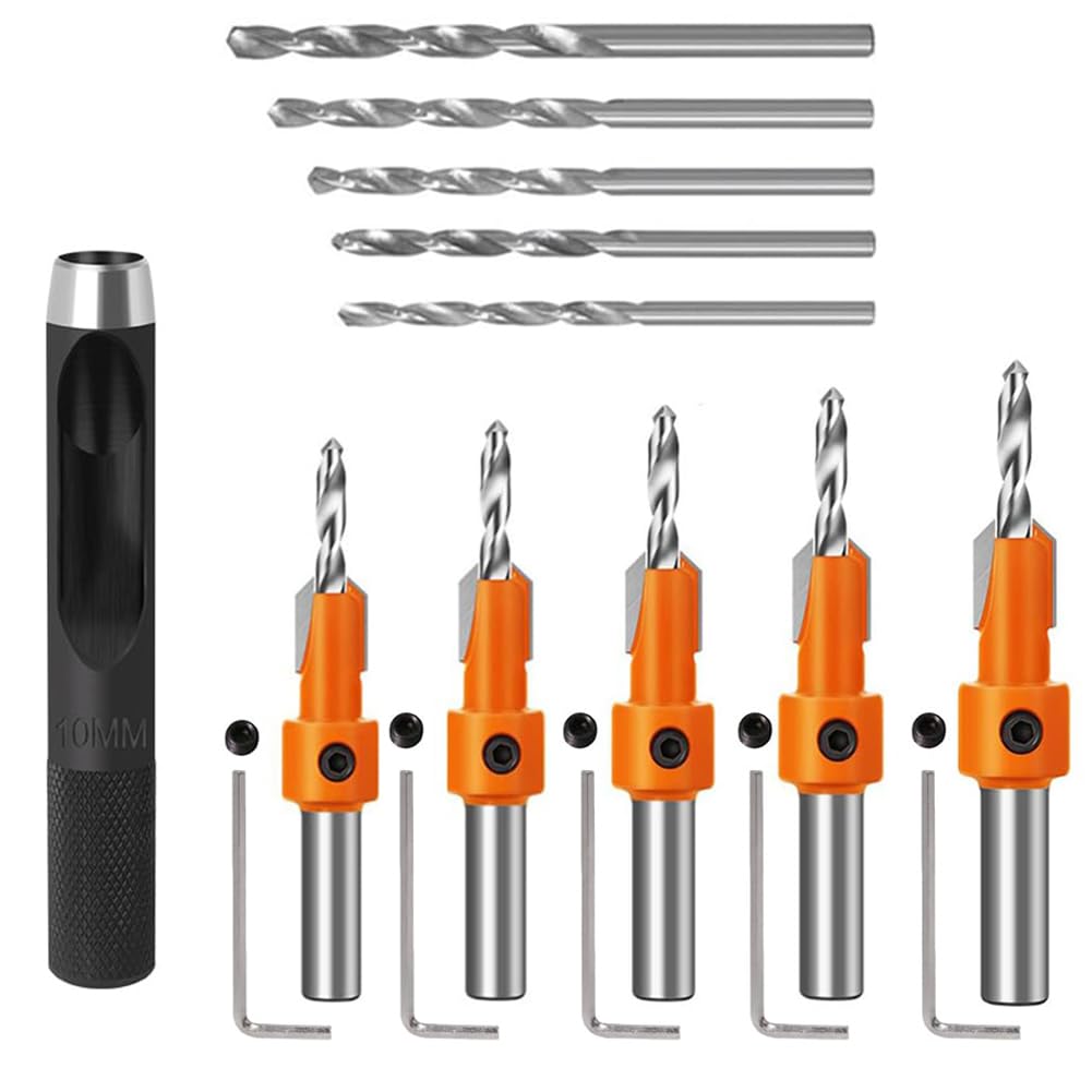 Serplex® 10Pcs Wood Countersink Drill Bit Set, 5Pcs Countersink Drill Bit with 5Pcs Extra Pilot Drill Bit, Tapered Drill Bits with 5/16" Round Shank, Counter Sinker Drill Bit Set for Woodworking