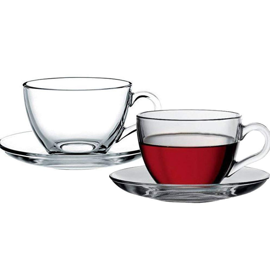 KELVEE New Crystal Clear Classic Glass Tea & Coffee Cup and Saucer Set, for Espresso Cappuccino hot Chocolate Green Tea and More, (6 Cups and 6 Saucers) - Pack of 12