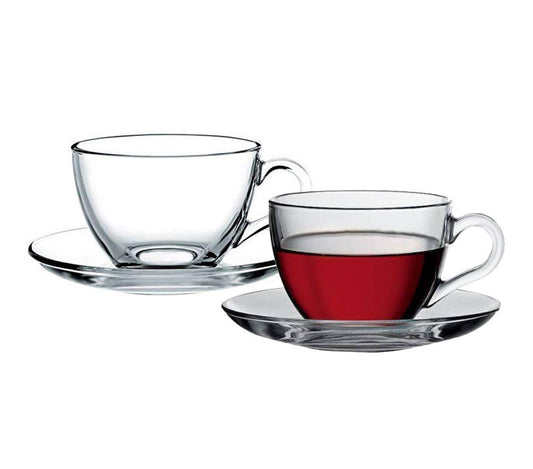 KELVEE New Crystal Clear Classic Glass Tea & Coffee Cup and Saucer Set, for Espresso Cappuccino hot Chocolate Green Tea and More, (6 Cups and 6 Saucers) - Pack of 12