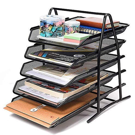 SOLDTRUE Countertop 5 Tier Mesh Metal Desk Organiser File Rack Letter Tray A4 Papers Documents Holder Desk Organizer For Office-Black, Sliding Shelf