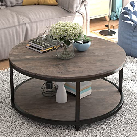 NSdirect 36" Wood Round Coffee Table, Industrial Wood Top & Sturdy Metal Legs For Living Room Modern Design Home Furniture With Storage Open Shelf (Light Walunt)