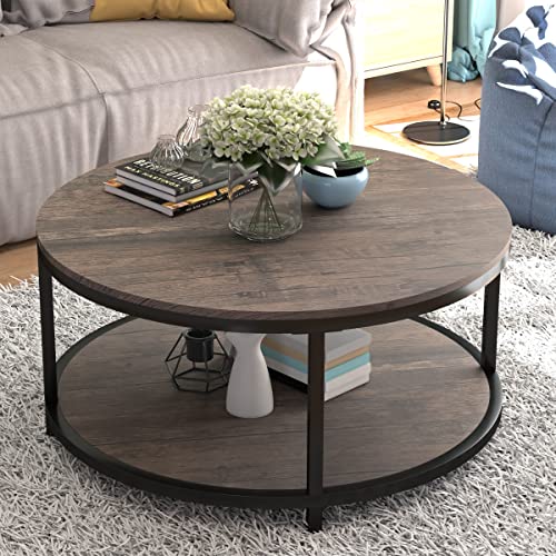 NSdirect 36" Wood Round Coffee Table, Industrial Wood Top & Sturdy Metal Legs For Living Room Modern Design Home Furniture With Storage Open Shelf (Light Walunt)