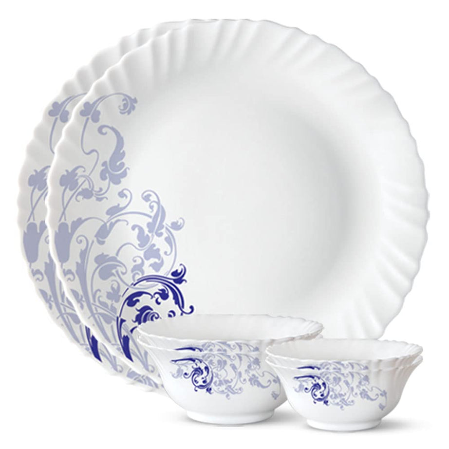 Larah by Borosil Blue Eve Silk Series Opalware Dinner Set | 6 Pieces for Family of 2 | Microwave & Dishwasher Safe | Bone-Ash Free | Crockery Set for Dining & Gifting | Plates & Bowls | White