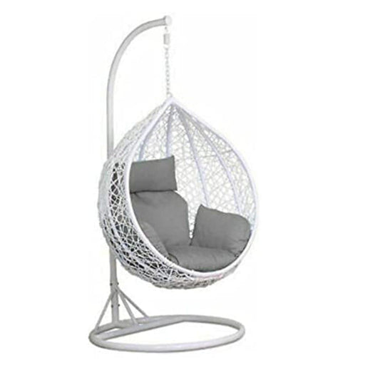 Floor Decor Hammock Hanging Jhula Single Seater White Swing Chair With Stand With Grey Cushion For Indoor/Outdoor/Balcony/Home/Garden (Swing-White, Cushion-Grey) - Rattan