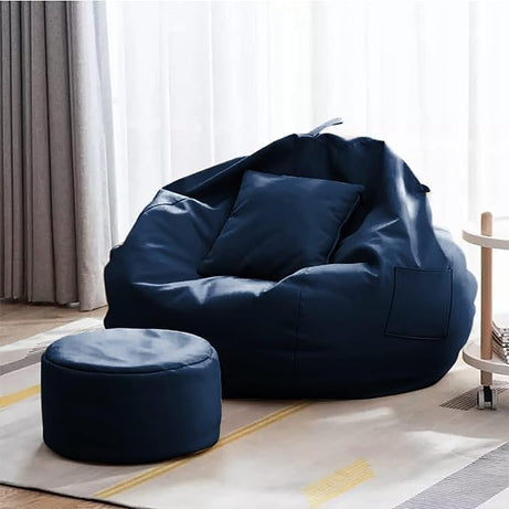 FUSION WORLD- Premium Faux Leather 4XL Filled with Beans || Bean Bag with Footrest and Cushion XXXXL Adult Size Bean Bag | Capactity- Upto 6feet and 150KG (Ready to Use) (Navy Blue)