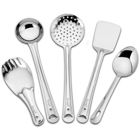 Parage 5 Pieces Stainless Steel Kitchen Tools Set for Kitchen Cooking and Serving, Pack of 5, Ladle(Karchhi), Skimmer(Jhara), Turner/Spatula (Palta), Basting and Rice Spoon, Silver