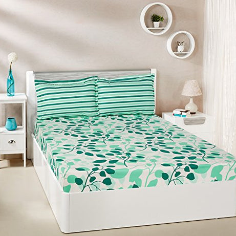 Amazon Brand - Solimo Leafy Spring 144 TC 100% Cotton Double Bedsheet with 2 Pillow Covers, Green