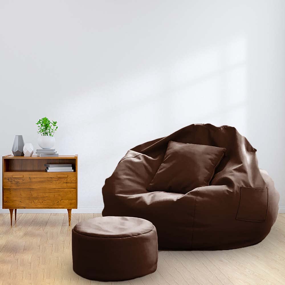 NOOSY Brand - 4XL Faux Leather Bean Bag with Stool & Cushion Ready to Use Filled with Beans (Brown) (Jumbo Size)