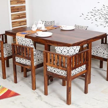 Porash Furniture Sheesham Wood 6 Seater Dining Table with 6 Cushion Chairs 6 Seater Wooden Dining Room Set Wooden Dinner Table Furniture for Living Room Home (Chestnut Teak)