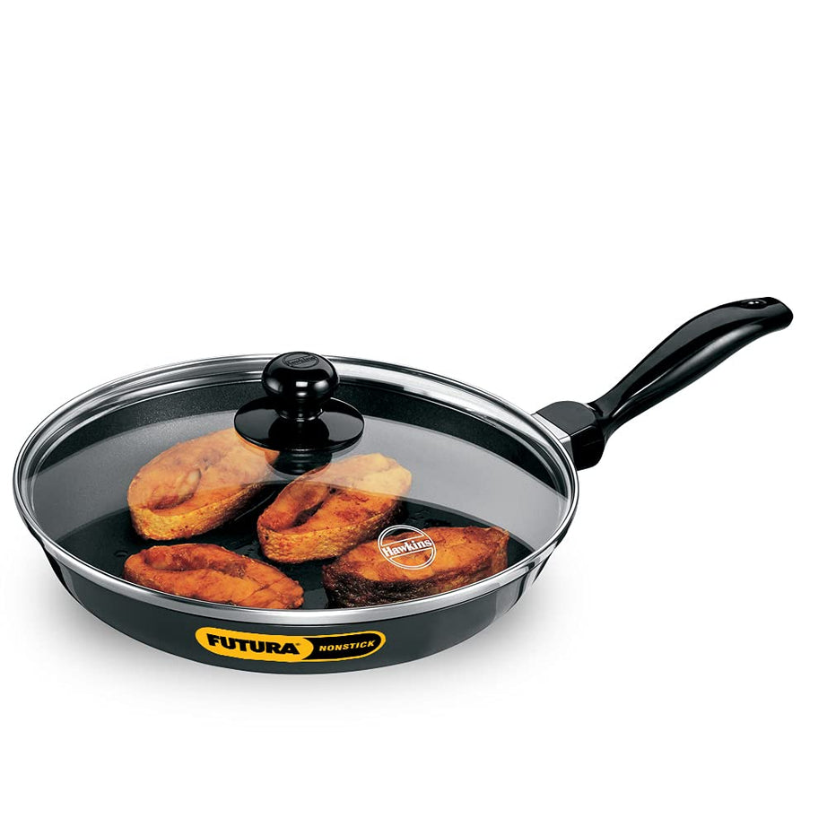 Hawkins Futura 26 cm Frying Pan, Non Stick Fry Pan with Glass Lid, Frypan, Black (NF26G)