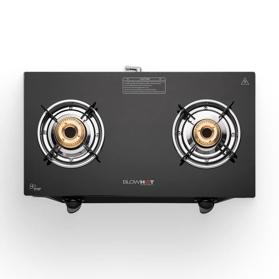 BLOWHOT Ruby 2 Burners Gas Stove Manual Ignition Heavy Brass Burners, Heavy Black Powder Coated Body -ISI certified- 1 Year General Warranty By Blowhot (Burner And Gas stove Valves - 2 Years)