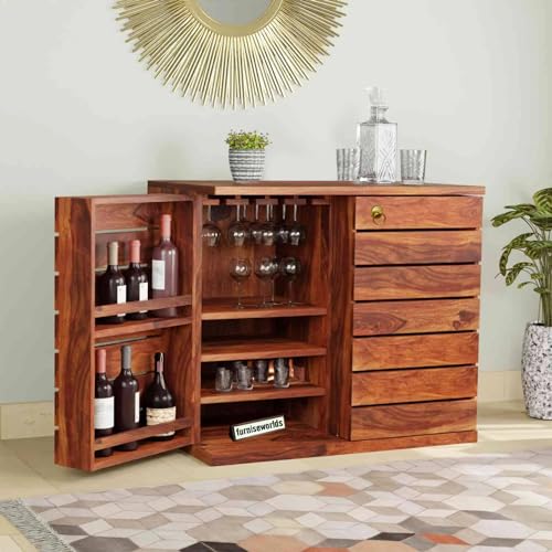 Wood World Furniture Sheesham Wood Bar Cabinet for Home Rack Hard and Soft Drinks Drawer Storage Solid Bar Cabinets for Living Room Wine Wisky Scotch All Type Drinks (Light Honey)