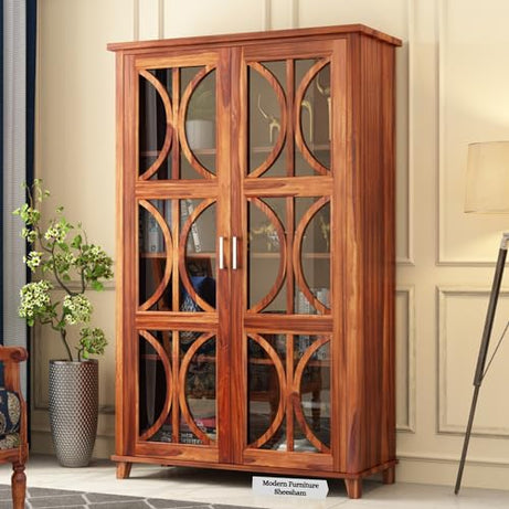 MODERN FURNITURE SHEESHAM Wooden Crockery Cabinets with Glass Door | Wooden Showcase Almirah | Solid Wood Book Shelf Crockery Unit for Kitchen Living Room