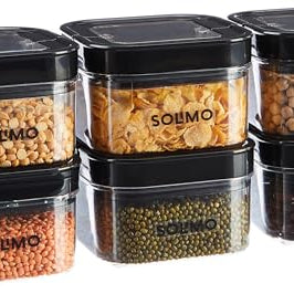 Amazon Brand - Solimo Airtight Plastic Storage Jar and Container Set-I | BPA Free | Multipurpose Storage | 450ml each, Set of 6 (Black)