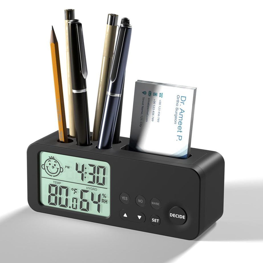 Eo Digital Alarm Clock With Decision Making Pen Stand Card Holder Mini Alarm Clock For Home - Dual Alarm Temperature Humidity (Decider) (Black) - Plastic, 15.5 Cm