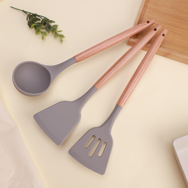 Silicone Spatula Set for Kitchen with Wooden Handle | Non-Stick Silicon Cooking Utensils Set | Spatula Turner Serving Cooking Spoon Kitchen Tools | Set of 3 (Grey)