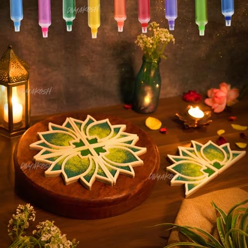 Divyakosh Rangoli Making Stencils Mat with Rangoli Colours (10 Color Bottles), Rangoli Size - 11 Inch| Diwali Decoration Items for Home Decor| Rangoli Stencils, Rangoli Mats for Decoration|