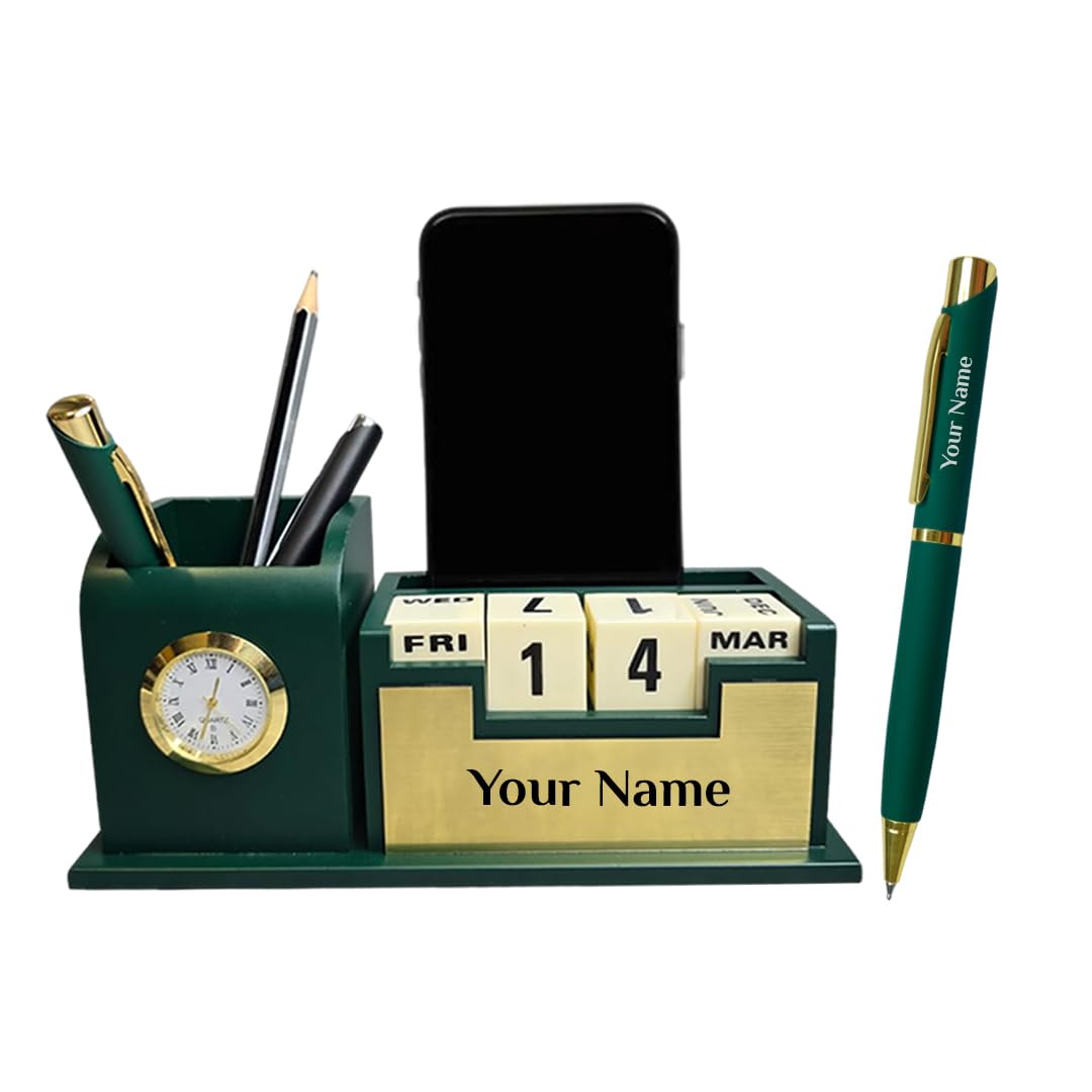 Giftana Personalized Desk Organizer with Pen Gift Set, 2 in 1 Customized Pen with Green Pen Stand for Doctors, Office Desk & Study, Table Watch & Calendar, Diwali Gift, Customised Corporate Gift Set