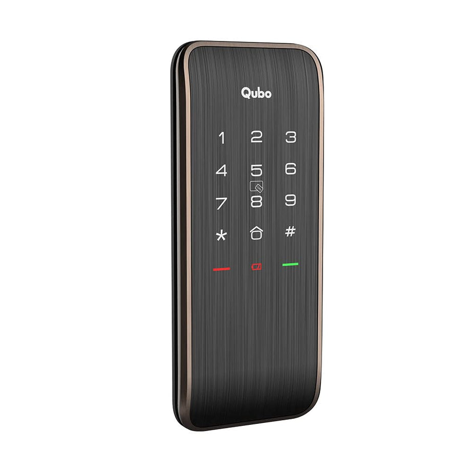 QUBO Smart Rim Lock ULTRA from Hero Group | 3-Way Access - Pincode, RFID Access Card, BLE Mobile App |Remote Access Sharing via OTP |Auto Locking |High Strength Bolt | (Copper)