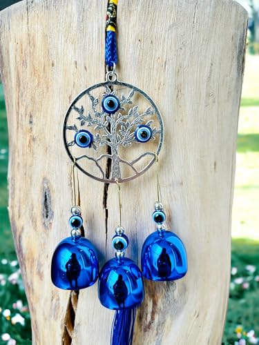 Ws Evil Eye Wind Chime 3 Bells For Home & Office - Brings Positive Vibes & Removes Negative Energy | Evil Eye Wall Hanging | Evil Eye Wind Chime | Evil Eye 3 Bells - Metal, Blue