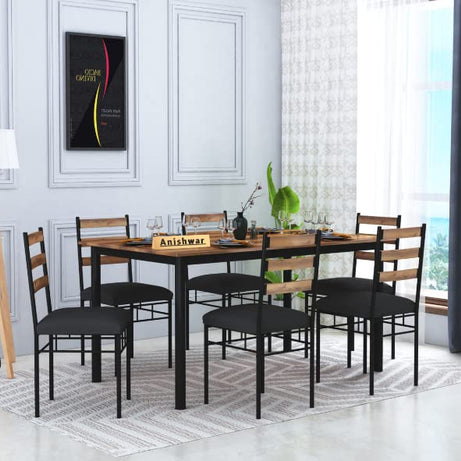 ANISHWAR Metal Framing 6 Seater Dining Set | Engineered Wood Top | 6 Seater Table for Living Room Dinning Room Hall Home (Honey Finish & Black Cushioned) | DIY (Do It Yourself)