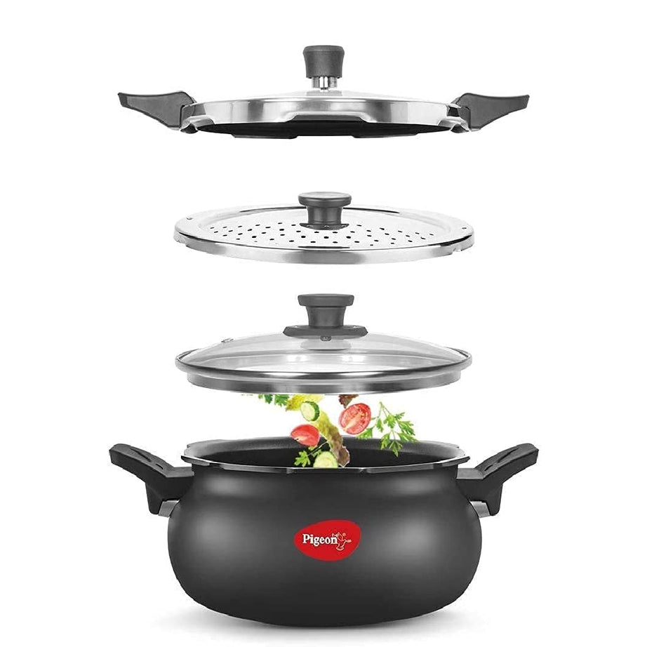 Pigeon By Stovekraft All in One Super Cooker Aluminium with Outer Lid Induction and Gas Stove Compatible 5 Litre Capacity for Healthy Cooking (Black)