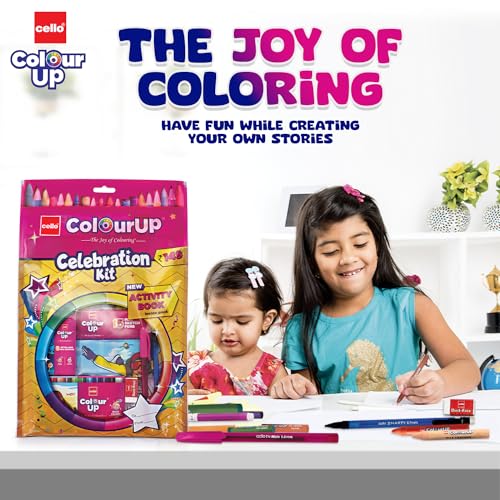 Cello ColourUp Celebration Kit | Colouring Kit includes Crayons, Sketch Pens, Coloured Pens & Activity Book | Ideal for Kids Gifting