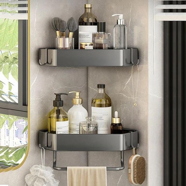 Royal-Pro Bathroom Shelf for Wall Corner - Pack of 2 Adhesive Rack Organiser for Bathroom without Drill Nail Free Stainless Steel Rust Proof Two Ways Installation with All Accessories