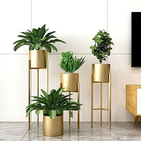 Modern Metal Floor Flower Stands Planter for Living Room Bedroom Display Plant Stand Tall Indoor Plant Stand with Planter Pot -Set of 3 Gold