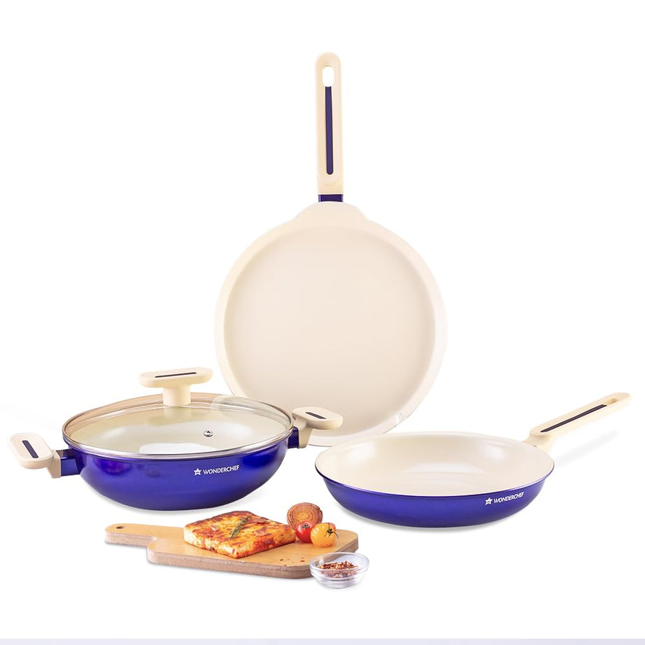 Wonderchef Bellagio Ceramic Non-Stick 4 pc Cookware Set, Kadhai with Lid, Fry Pan & Dosa Tawa, Electric Blue, 2 Year Warranty by Wonderchef