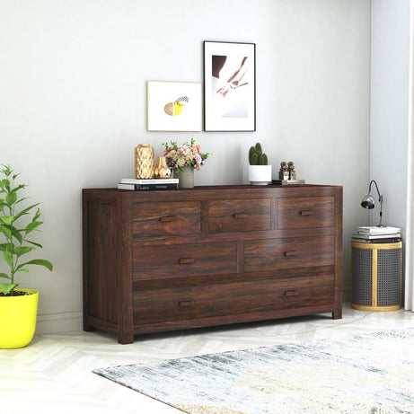 Unique Woodcraft Sheesham Wood Chest of 6 Drawers Multipurpose Sideboard Storage Cabinet Wooden Dresser for Bedroom Living Room Home (Walnut Finish)