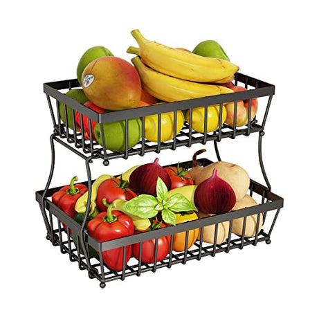 GILLAS 2 Tier Fruit Basket Countertop for Kitchen, Vegetable Bread Basket Fruit Bowl Storage Stand Detachable Metal Rectangular Wire Basket Black