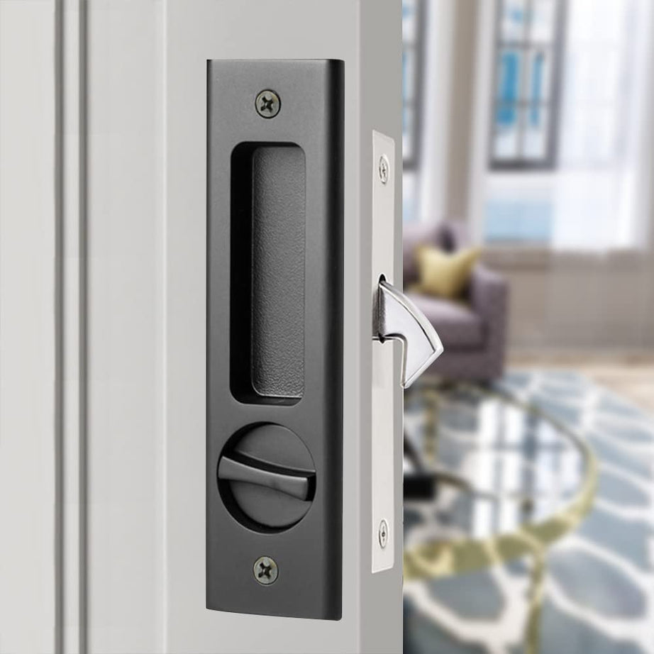 6.3"Privacy Pocket Door Lock Hardware、Sliding Barn Door Lock with Keys、Concealed Recessed Door Handle Door Lock Furniture Hardware Door Locks for Many Scenarios Bathroom, Barn,Bedroom (Black)