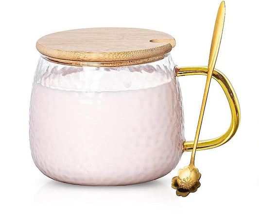 KELVEE Glass Soup Mug with Wooden Lid and Spoon Cup Warmer for Breakfast Coffee,Tea,Milk,Beverage,Oats,Yogurt, 410 ml (1)