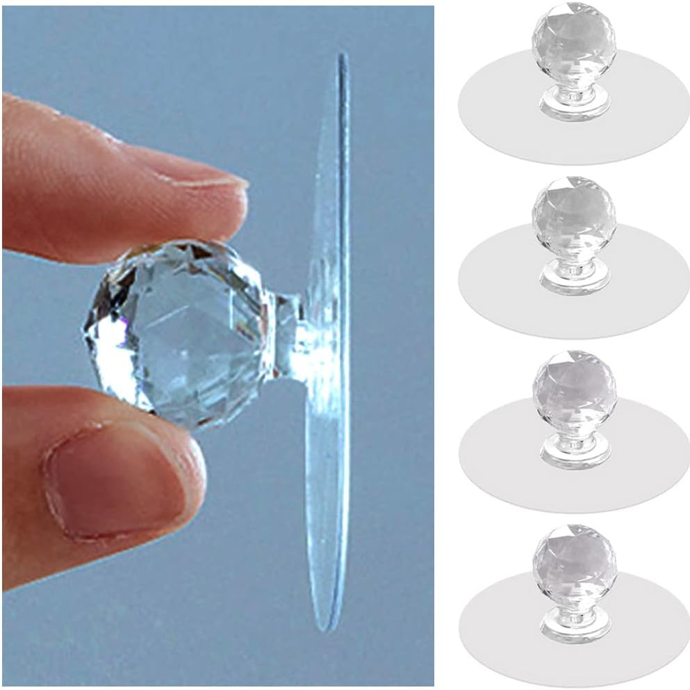 Qolixs Cabinet Drawer Pull Knobs - Self Adhesive Clear Acrylic Crystal Shaped Pulls Handles Knobs for Wardrobe Kitchen Cupboard Bathroom Dresser Furniture Door Window Pack of 04.