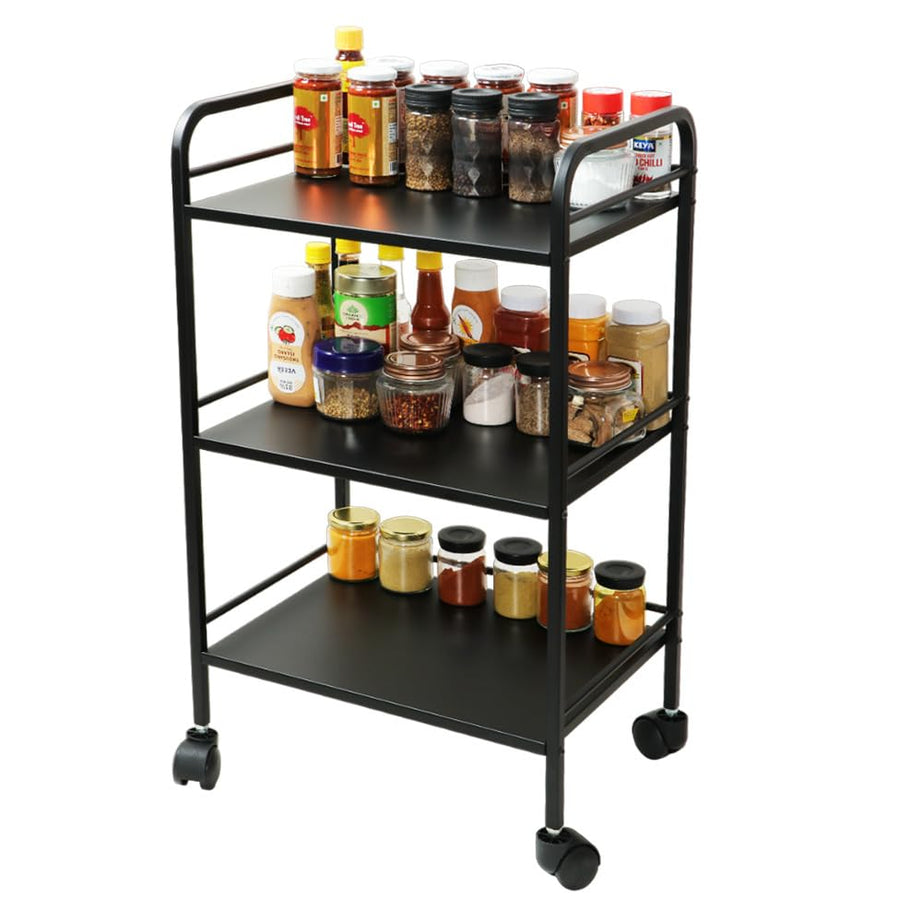 DECOWORLD || 3 Tier Premium Metal Rolling Trolley Cart Stand with Wheels|| Multifunctional Utility Stand with Storage Rack Shelves || Space Saving Stand for Kitchen Bathroom Home and Office|| Black