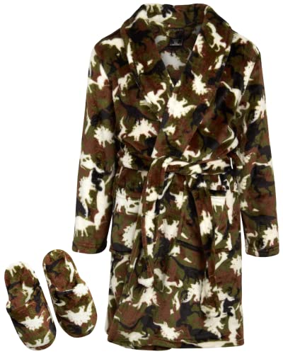 Quad Seven Boys' Robe - Plush Flannel Fleece Robe with Fuzzy Slippers (4-14), Dino Camo, 8-10