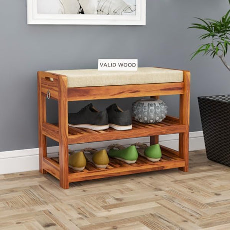 VALID WOOD multipurpose wooden shoe rack for home with Seat, sheesham wood Shoe Bench with Drawer, Shoe Cabinet with 2 Levels, Padded Bench, 55 x 30 x 46 cm