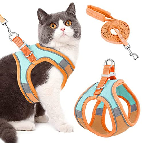 Qpets® Cat Harness with 1.5m Leash, Cat Belt Adjustable Size Breathable Cat Vest Strap with Safety Reflective Strip, Cat Leash with Harness for Small Cat and Dog (M, Orange)