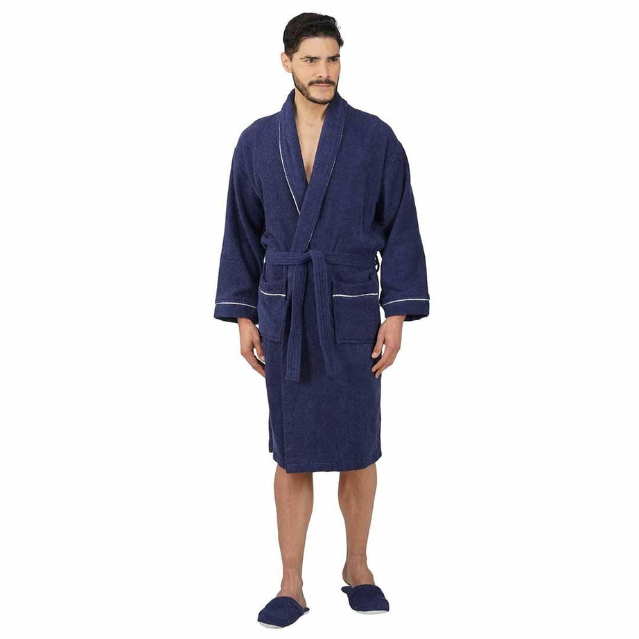 Rangoli 100% Cotton Bathrobe & Slippers Set - 500 GSM Unisex, Navy Blue, Lightweight & Absorbent, Full Sleeves Bath Gown with Pockets