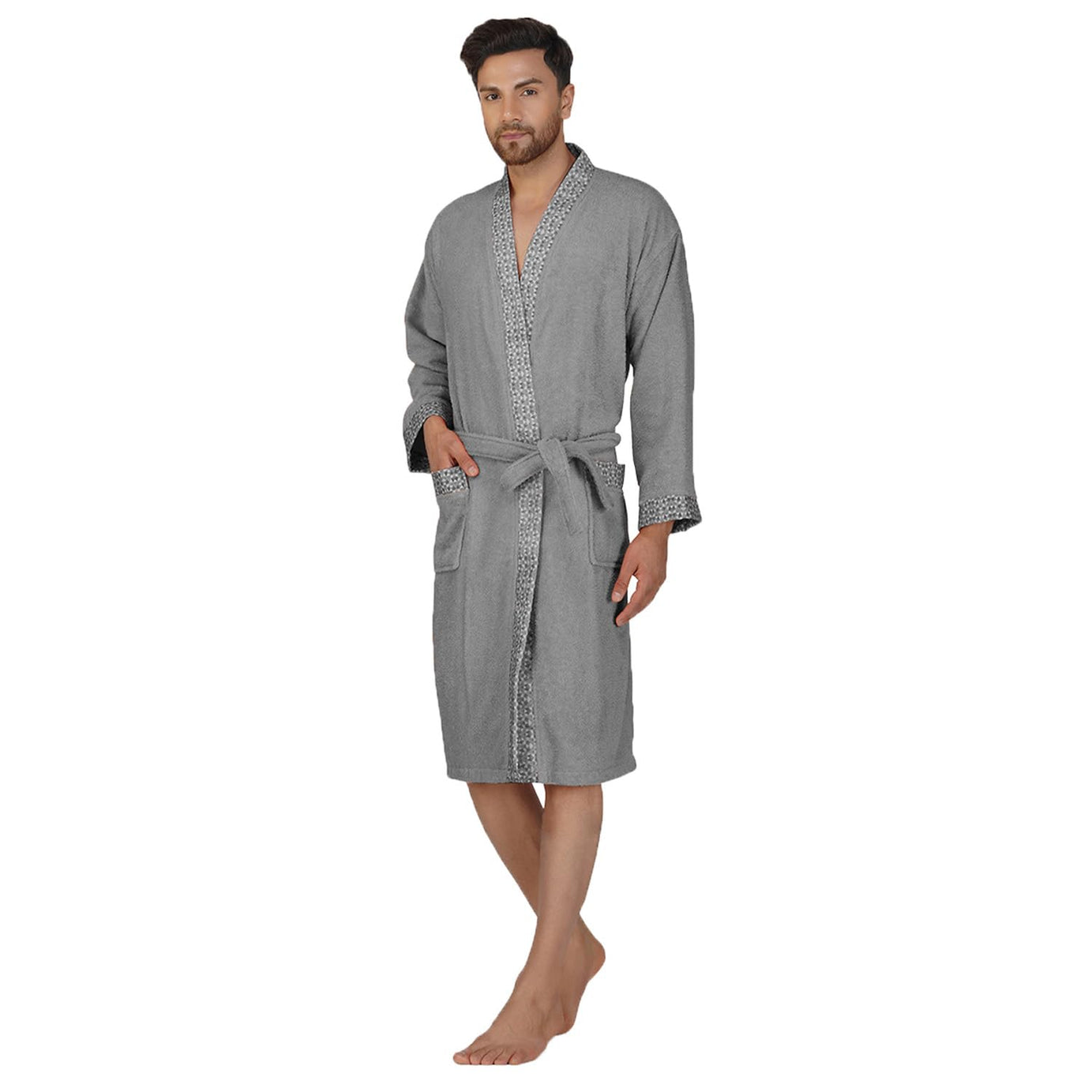 Rangoli Sakura 100% Cotton Bathrobe & Slippers Set for Men & Women | 420 GSM | Ultra-Soft, Lightweight & Absorbent | Gym, Spa, Hotel Robe | Grey, XL