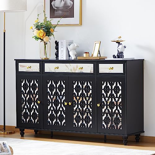 QEIUZON Buffet Sideboard Storage Cabinet with Mirror Doors, 3 Drawers & 6 Storage Compartments, Kitchen Cupboard Console Table for Hallway and Living Room