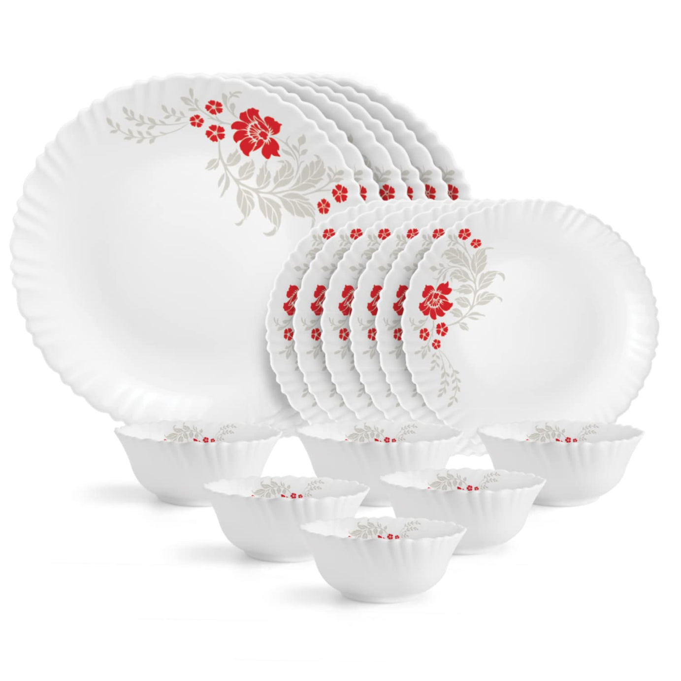 Cello Opalware Dazzle Series Scarlet Bliss Dinner Set, 18 Units | Opal Glass Dinner Set for 6 | Light-Weight, Daily Use Crockery Set for Dining | White Plate and Bowl Set