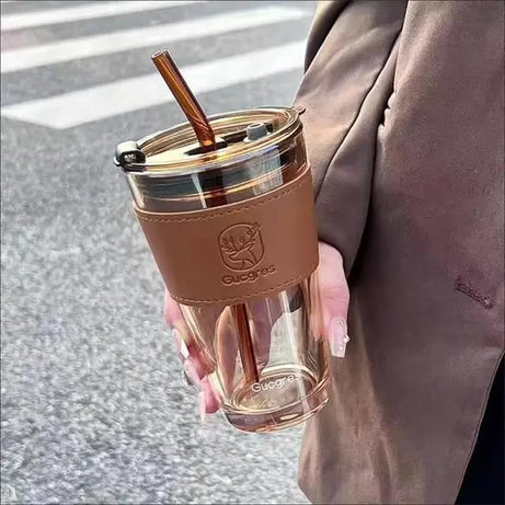 KELVEE Glass Coffee Sipper Mugs with Straw and Lid Sealed Carry on, Glass Iced Tea Tumbler with Leather Sleeve Pack of 1, Leak-Proof, Reusable Smoothie, Milk, Water Drink Cup (Brown)