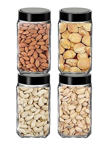 Square Glass Container 1000ml Transparent Glass Jars & Containers for Kitchen Pantry, Masala, Pickles, Cookies, Dry Fruits, Coffee Storage glass jar with Black Plastic Lid (1000ml, Set Of 4)