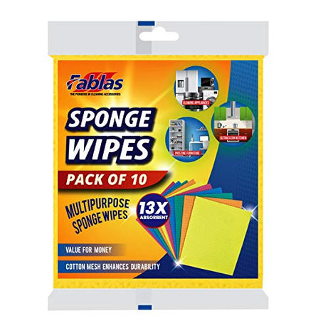 F A B L A S Sponge Wipe Large - Wipe n Shine super absorbant biodegradable Cellulose Sponge Wipes l resuable and washable Sponge Wipes for kitchen and home cleaning l Mop Premium Multipurpose l Multicolour - Pack of 10